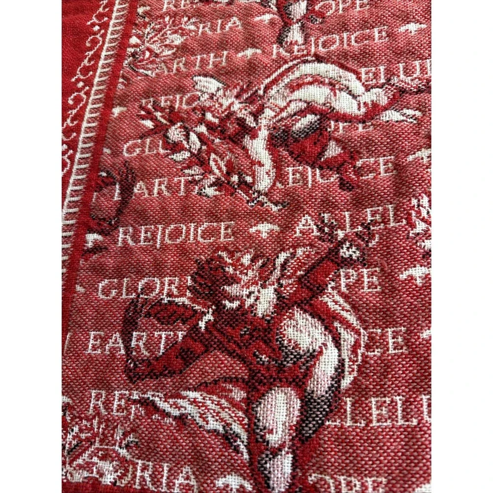 Vintage 90s Christmas Tapestry Blanket Red Angel Cherub Rejoice Peace on Earth